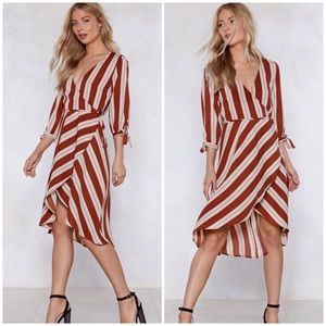 NWT NASTYGAL Striped Tie-Sleeve Faux Wrap Dress